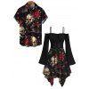 Gothic Halloween Couple Outfit Rose Floral Bat Skulls Print Ruffle Off the Shoulder Handkerchief Dress and Shirt Set - Noir S | US 4