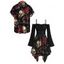 Gothic Halloween Couple Outfit Rose Floral Bat Skulls Print Ruffle Off the Shoulder Handkerchief Dress and Shirt Set - Noir S | US 4