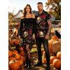 Gothic Halloween Couple Outfit Rose Floral Bat Skulls Print Ruffle Off the Shoulder Handkerchief Dress and Shirt Set - Noir S | US 4