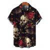 Gothic Halloween Couple Outfit Rose Floral Bat Skulls Print Ruffle Off the Shoulder Handkerchief Dress and Shirt Set - Noir S | US 4