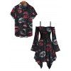 Halloween Gothic Couple Outfit Vampire Fangs Lips Print Ruffle Off the Shoulder Bell Sleeve Lace Up Handkerchief Dress and Shirt Set - Noir S | US 4