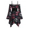 Halloween Gothic Couple Outfit Vampire Fangs Lips Print Ruffle Off the Shoulder Bell Sleeve Lace Up Handkerchief Dress and Shirt Set - Noir S | US 4
