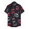 Halloween Gothic Couple Outfit Vampire Fangs Lips Print Ruffle Off the Shoulder Bell Sleeve Lace Up Handkerchief Dress and Shirt Set - Noir S | US 4
