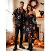Halloween Gothic Couple Outfit Vampire Fangs Lips Print Ruffle Off the Shoulder Bell Sleeve Lace Up Handkerchief Dress and Shirt Set - Noir S | US 4