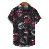Halloween Gothic Couple Outfit Vampire Fangs Lips Print Ruffle Off the Shoulder Bell Sleeve Lace Up Handkerchief Dress and Shirt Set - Noir S | US 4
