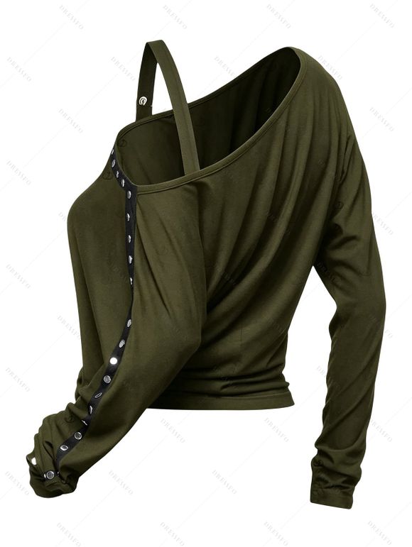 Punk Style Sweatshirt Solid Color Rivet Buckle Strap Skew Neck Long Sleeve Top - Vert Armée XXL | US 14