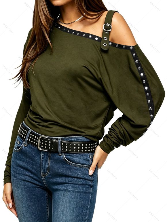 Punk Style Sweatshirt Solid Color Rivet Buckle Strap Skew Neck Long Sleeve Top - Vert Armée XXL | US 14