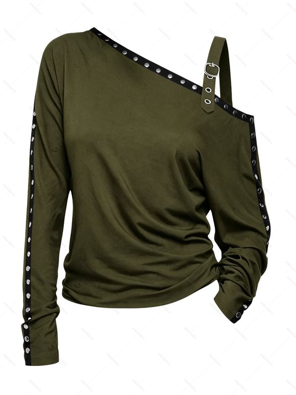 Punk Style Women Outfit Solid Color Rivet Buckle Strap Skew Neck Long Sleeve Sweatshirt and Grommet Leggings Set - Vert Armée S | US 4