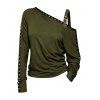 Punk Style Women Outfit Solid Color Rivet Buckle Strap Skew Neck Long Sleeve Sweatshirt and Grommet Leggings Set - Vert Armée S | US 4