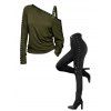 Punk Style Women Outfit Solid Color Rivet Buckle Strap Skew Neck Long Sleeve Sweatshirt and Grommet Leggings Set - Vert Armée S | US 4