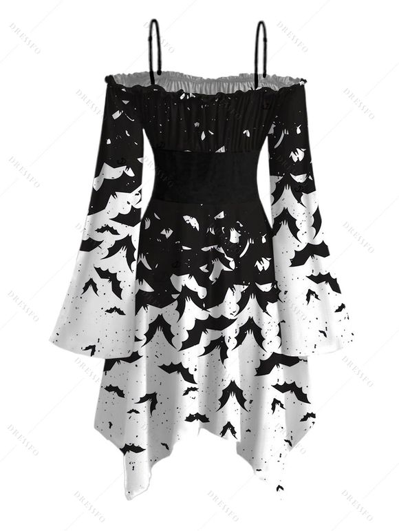 Gothic Halloween Dress Colorblock Bat Print Lace Up Belt Ruffle Off the Shoulder Bell Sleeve Handkerchief Dress - Noir XXL | US 14