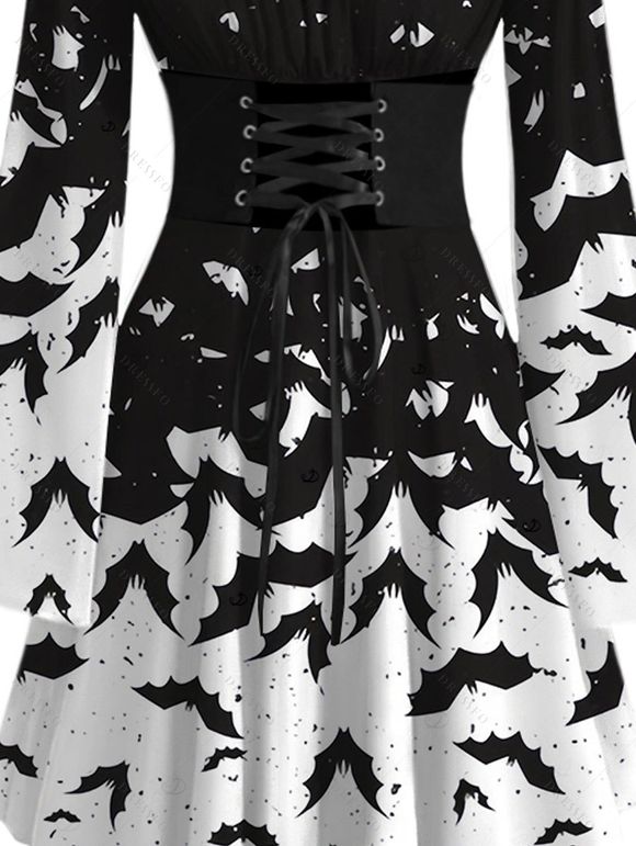 Gothic Halloween Dress Colorblock Bat Print Lace Up Belt Ruffle Off the Shoulder Bell Sleeve Handkerchief Dress - Noir XXL | US 14