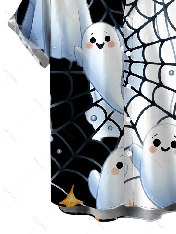 Men's Halloween Shirt Cute Ghost Spider Web Star Print Button Up Shirt - Noir 5XL
