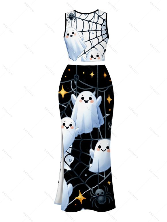 Halloween Women Outfit Cute Ghost Spider Web Star Print Cropped Tank Top and Slit Bodycon Skirt Set - Noir XXL | US 14