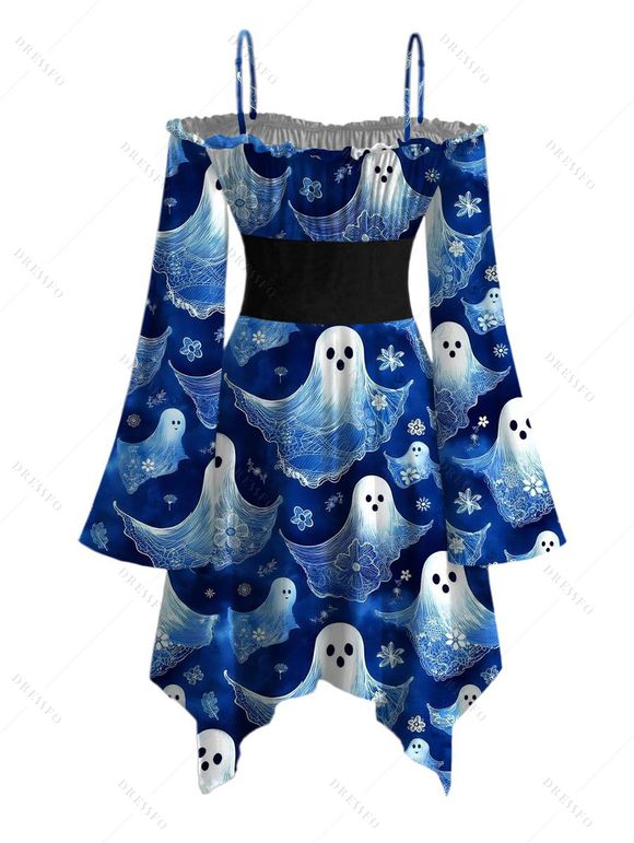 Halloween Dress Cute Ghost Floral Print Lace Up Belt Ruffle Off the Shoulder Bell Sleeve Handkerchief Dress - Bleu profond M | US 6