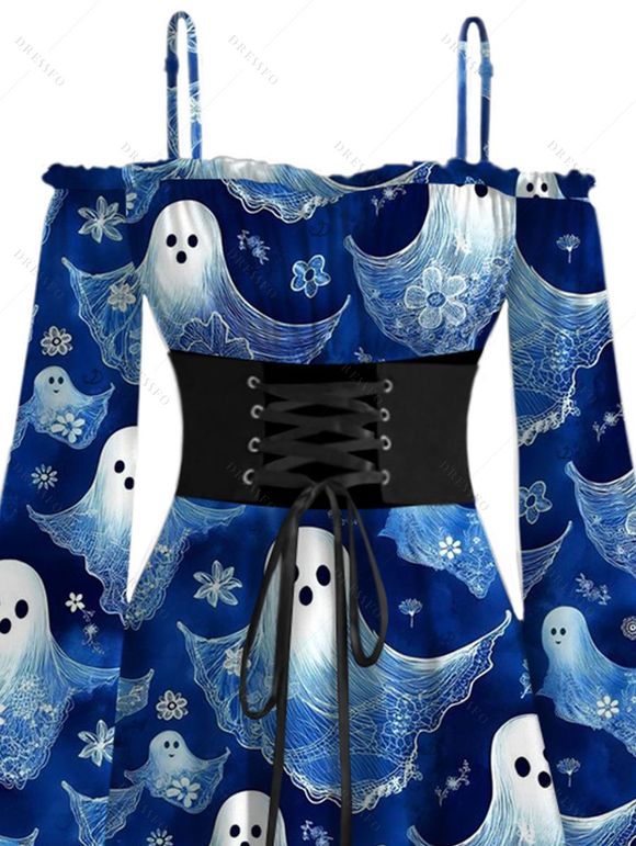Halloween Dress Cute Ghost Floral Print Lace Up Belt Ruffle Off the Shoulder Bell Sleeve Handkerchief Dress - Bleu profond M | US 6