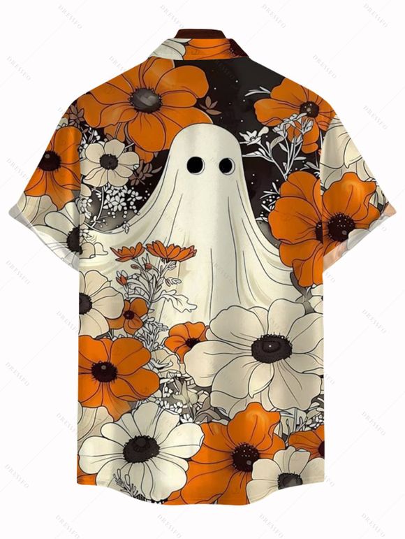 Men's Vintage Halloween Shirt Ghost Floral Striped Print Button Up Shirt - Orange 5XL