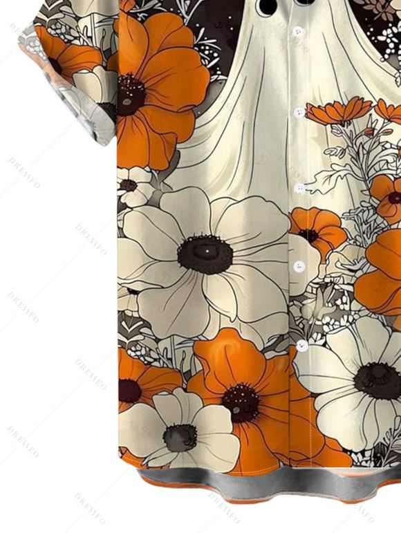 Men's Vintage Halloween Shirt Ghost Floral Striped Print Button Up Shirt - Orange 5XL