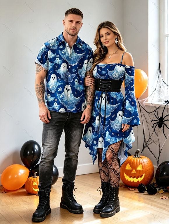 Halloween Couple Outfit Cute Ghost Floral Print Lace Up Belt Ruffle Off the Shoulder Handkerchief Dress and Shirt Set - Bleu profond S | US 4