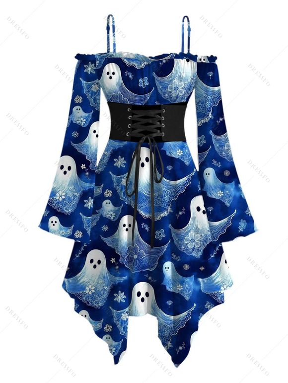 Halloween Couple Outfit Cute Ghost Floral Print Lace Up Belt Ruffle Off the Shoulder Handkerchief Dress and Shirt Set - Bleu profond S | US 4