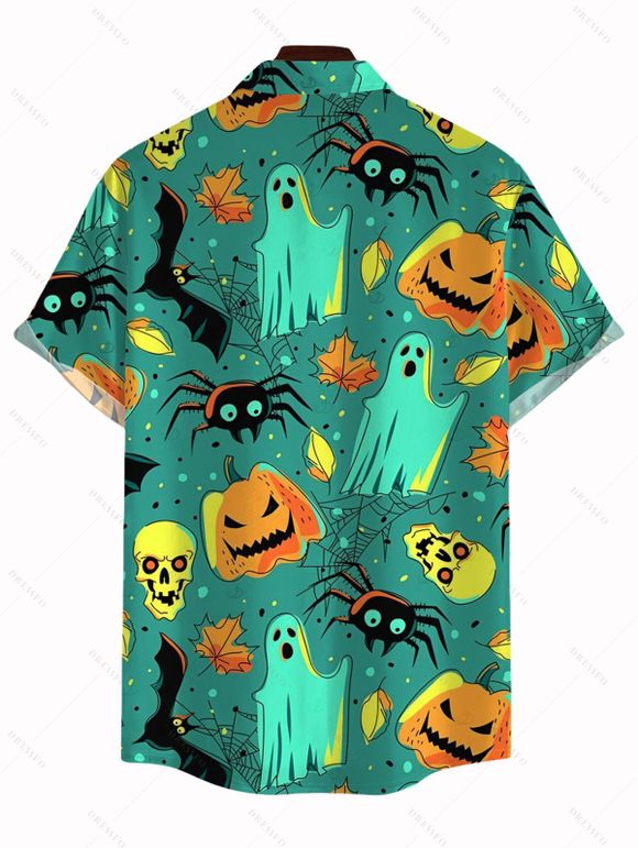 Men's Halloween Shirt Cartoon Pumpkin Ghost Skulls Spider Web Print Button Up Shirt - Émeraude 5XL
