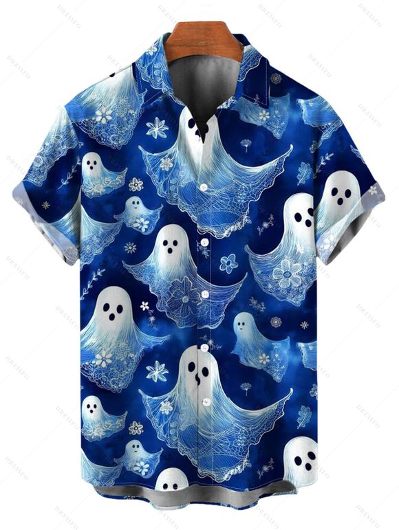 Halloween Couple Outfit Cute Ghost Floral Print Lace Up Belt Ruffle Off the Shoulder Handkerchief Dress and Shirt Set - Bleu profond S | US 4