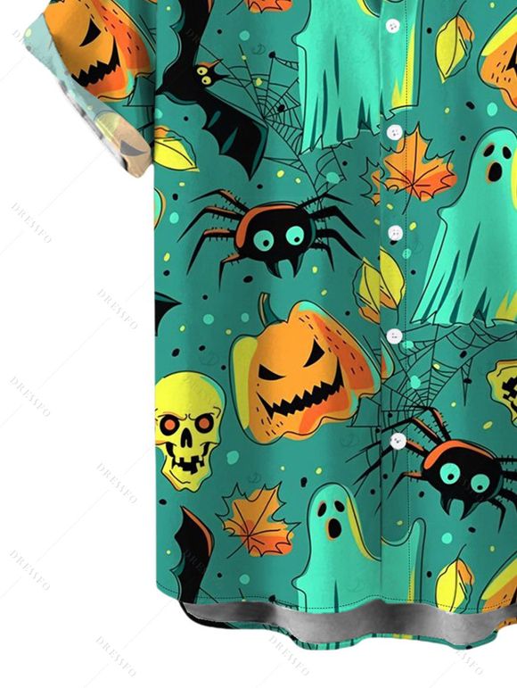 Men's Halloween Shirt Cartoon Pumpkin Ghost Skulls Spider Web Print Button Up Shirt - Émeraude 5XL