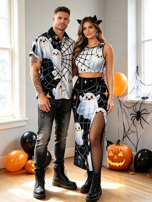 Halloween Couple Outfit Cute Ghost Spider Web Star Print Cropped Tank Top Slit Bodycon Skirt and Shirt Set - Noir S | US 4