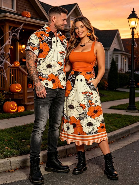 Vintage Halloween Couple Outfit Ghost Floral Striped Print Tied Back Square Neck A Line Dress and Shirt Set - Orange S | US 4