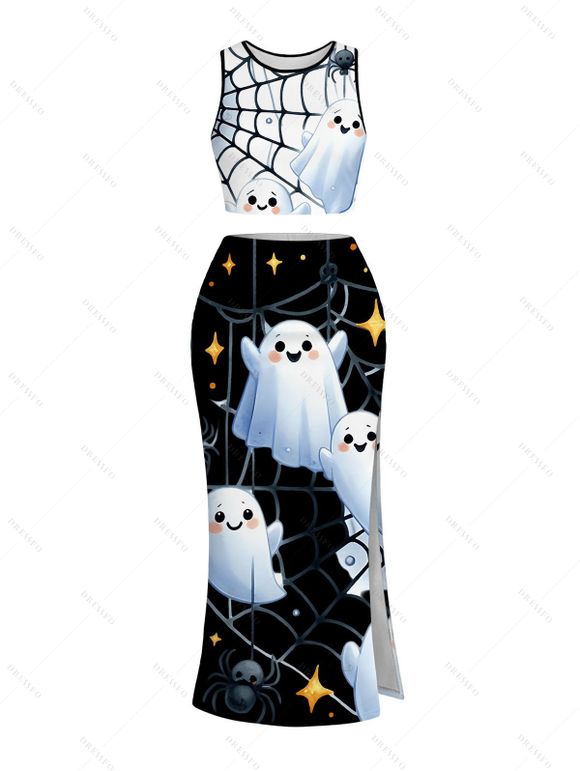 Halloween Couple Outfit Cute Ghost Spider Web Star Print Cropped Tank Top Slit Bodycon Skirt and Shirt Set - Noir S | US 4