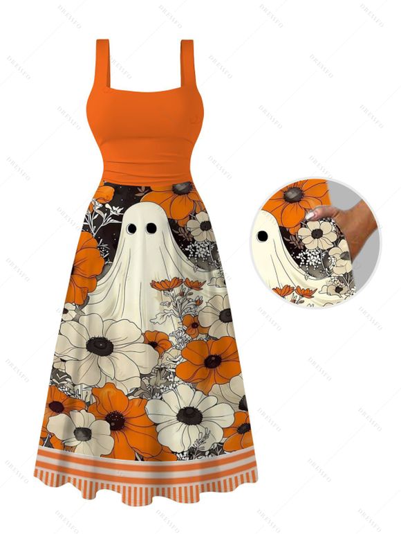 Vintage Halloween Couple Outfit Ghost Floral Striped Print Tied Back Square Neck A Line Dress and Shirt Set - Orange S | US 4
