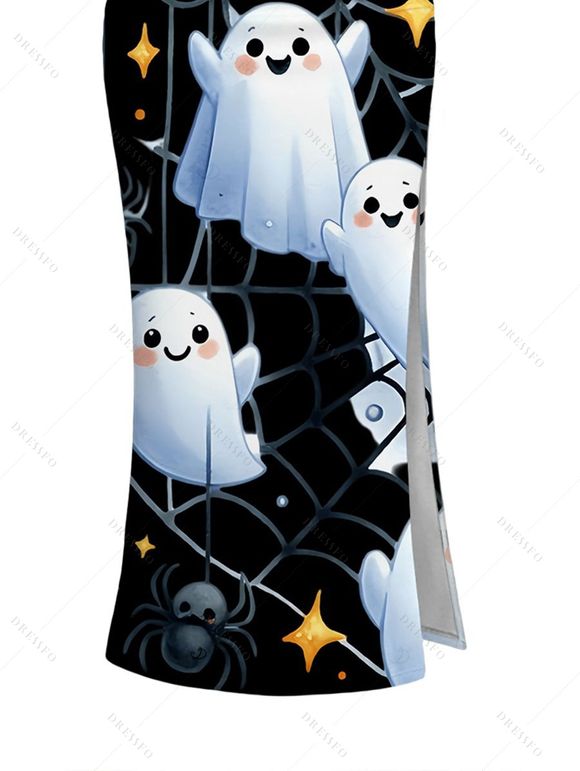 Halloween Couple Outfit Cute Ghost Spider Web Star Print Cropped Tank Top Slit Bodycon Skirt and Shirt Set - Noir S | US 4