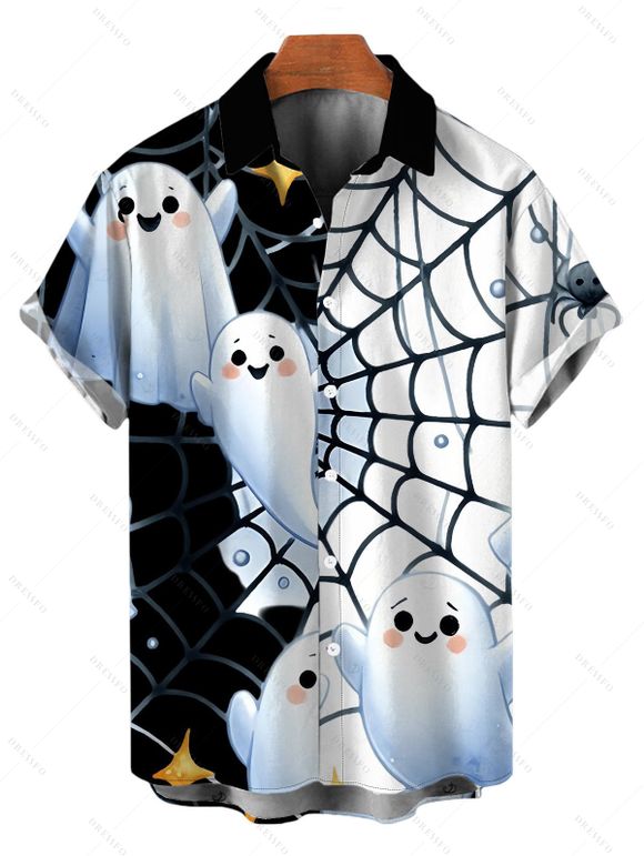 Halloween Couple Outfit Cute Ghost Spider Web Star Print Cropped Tank Top Slit Bodycon Skirt and Shirt Set - Noir S | US 4
