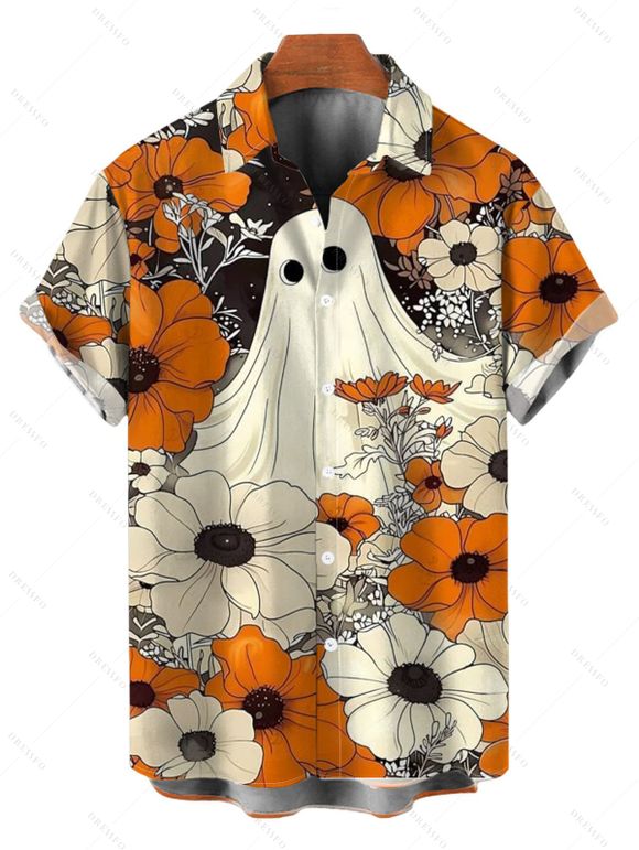 Vintage Halloween Couple Outfit Ghost Floral Striped Print Tied Back Square Neck A Line Dress and Shirt Set - Orange S | US 4