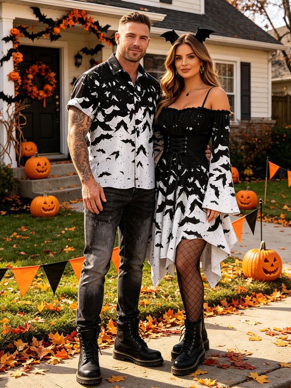 Gothic Halloween Couple Outfit Colorblock Bat Print Lace Up Belt Ruffle Off the Shoulder Bell Sleeve Handkerchief Dress and Shirt Set - Noir S | US 4