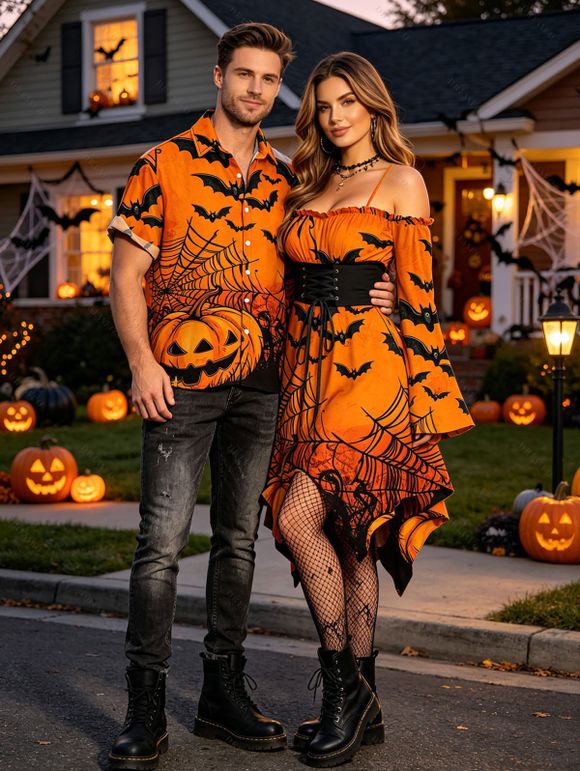Gothic Halloween Couple Outfit Pumpkin Spider Web Bat Print Lace Up Belt Ruffle Off the Shoulder Handkerchief Dress and Shirt Set - Orange S | US 4