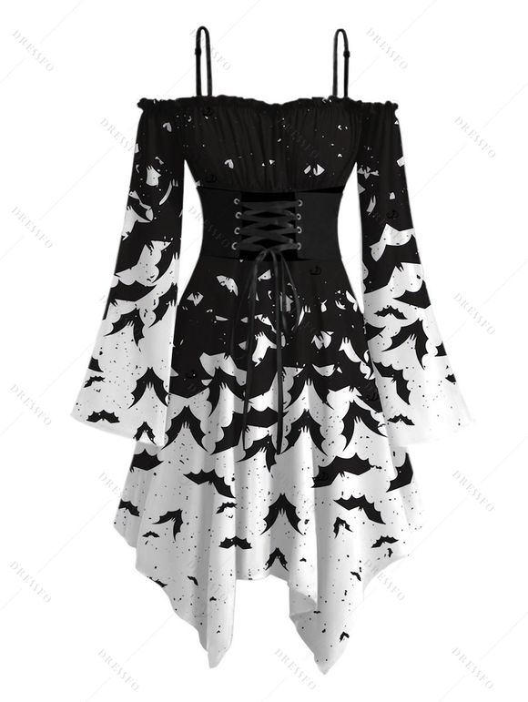Gothic Halloween Couple Outfit Colorblock Bat Print Lace Up Belt Ruffle Off the Shoulder Bell Sleeve Handkerchief Dress and Shirt Set - Noir S | US 4