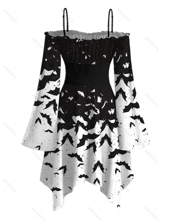 Gothic Halloween Couple Outfit Colorblock Bat Print Lace Up Belt Ruffle Off the Shoulder Bell Sleeve Handkerchief Dress and Shirt Set - Noir S | US 4