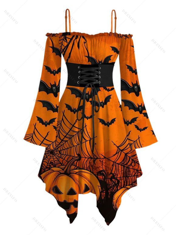 Gothic Halloween Couple Outfit Pumpkin Spider Web Bat Print Lace Up Belt Ruffle Off the Shoulder Handkerchief Dress and Shirt Set - Orange S | US 4