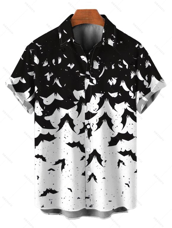 Gothic Halloween Couple Outfit Colorblock Bat Print Lace Up Belt Ruffle Off the Shoulder Bell Sleeve Handkerchief Dress and Shirt Set - Noir S | US 4