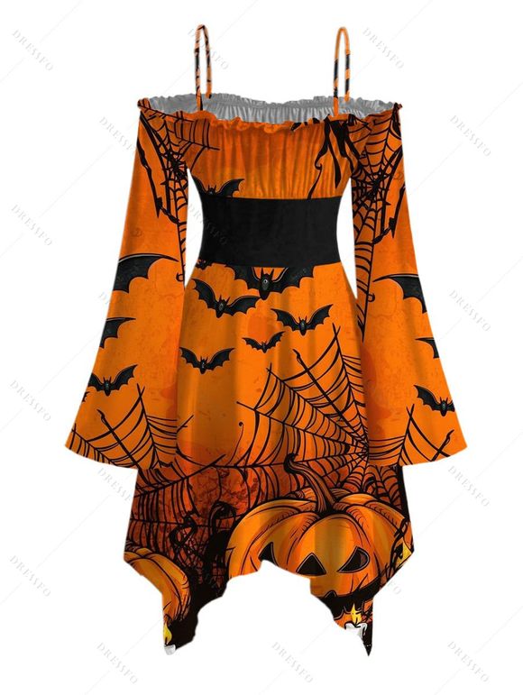 Gothic Halloween Couple Outfit Pumpkin Spider Web Bat Print Lace Up Belt Ruffle Off the Shoulder Handkerchief Dress and Shirt Set - Orange S | US 4