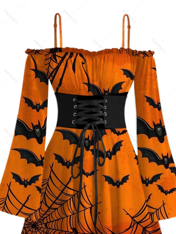 Gothic Halloween Couple Outfit Pumpkin Spider Web Bat Print Lace Up Belt Ruffle Off the Shoulder Handkerchief Dress and Shirt Set - Orange S | US 4
