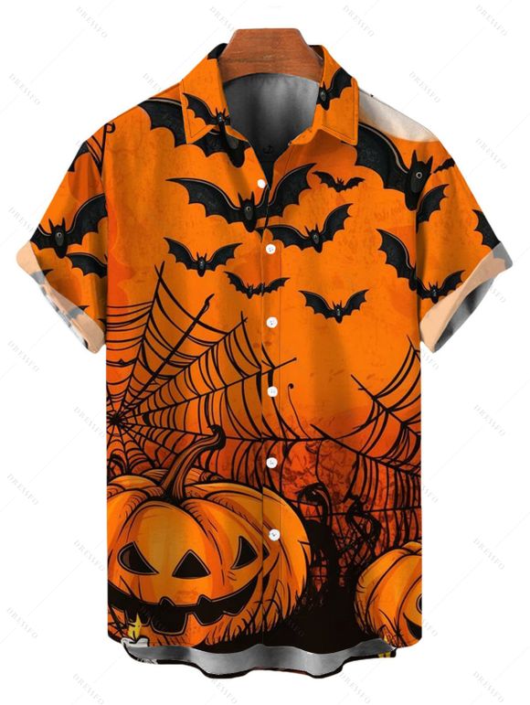 Gothic Halloween Couple Outfit Pumpkin Spider Web Bat Print Lace Up Belt Ruffle Off the Shoulder Handkerchief Dress and Shirt Set - Orange S | US 4