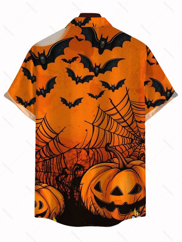Gothic Halloween Couple Outfit Pumpkin Spider Web Bat Print Lace Up Belt Ruffle Off the Shoulder Handkerchief Dress and Shirt Set - Orange S | US 4