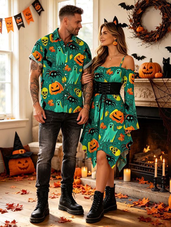 Halloween Couple Outfit Cartoon Pumpkin Ghost Skulls Spider Web Print Lace Up Belt Off the Shoulder Handkerchief Dress and Shirt Set - Émeraude S | US 4