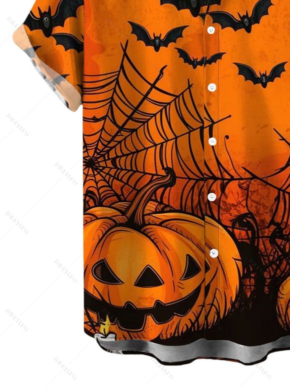 Gothic Halloween Couple Outfit Pumpkin Spider Web Bat Print Lace Up Belt Ruffle Off the Shoulder Handkerchief Dress and Shirt Set - Orange S | US 4