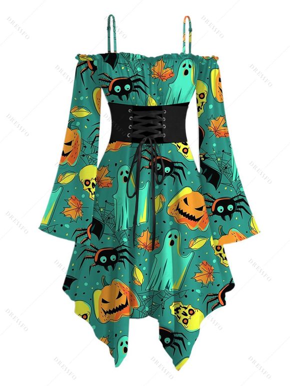 Halloween Couple Outfit Cartoon Pumpkin Ghost Skulls Spider Web Print Lace Up Belt Off the Shoulder Handkerchief Dress and Shirt Set - Émeraude S | US 4
