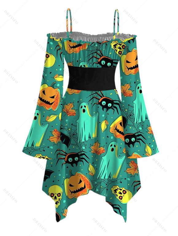 Halloween Couple Outfit Cartoon Pumpkin Ghost Skulls Spider Web Print Lace Up Belt Off the Shoulder Handkerchief Dress and Shirt Set - Émeraude S | US 4