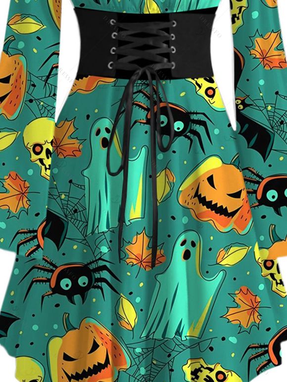 Halloween Couple Outfit Cartoon Pumpkin Ghost Skulls Spider Web Print Lace Up Belt Off the Shoulder Handkerchief Dress and Shirt Set - Émeraude S | US 4