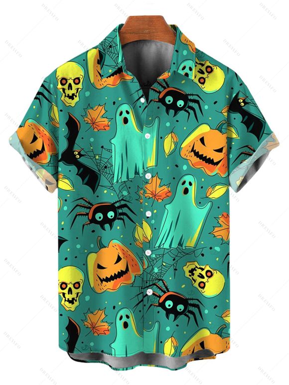 Halloween Couple Outfit Cartoon Pumpkin Ghost Skulls Spider Web Print Lace Up Belt Off the Shoulder Handkerchief Dress and Shirt Set - Émeraude S | US 4